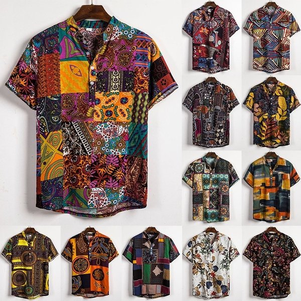 Mens floral printing ethnic style cotton shirts short sleeve loose hot sale casual shirt tops