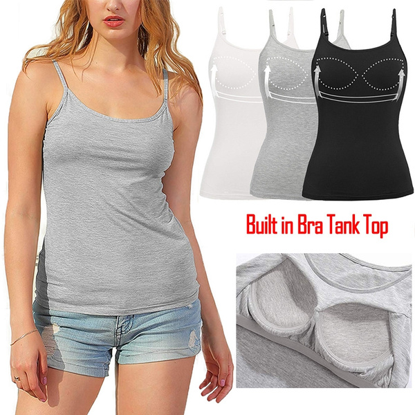 UK Womens Tank Tops Adjustable Strap Camisole With Built in Padded Bra Vest Cami 