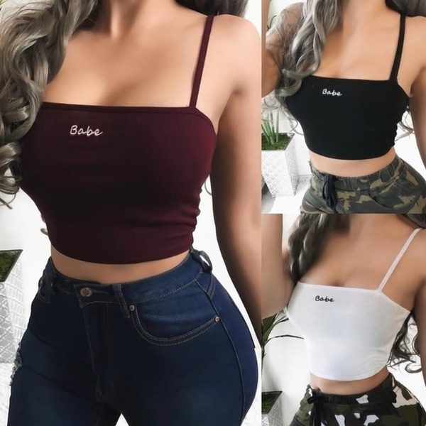 Women's Fashion Slim Fit Cropped Cami Tank Top Babe Letters Printed Crop  Tops Ladies Sleeveless Camisole Underwear