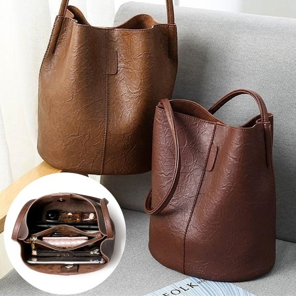 Large Leather Hobo Handbags Purse Shoulder Strap Vintage Bucket Bag Brown  Women