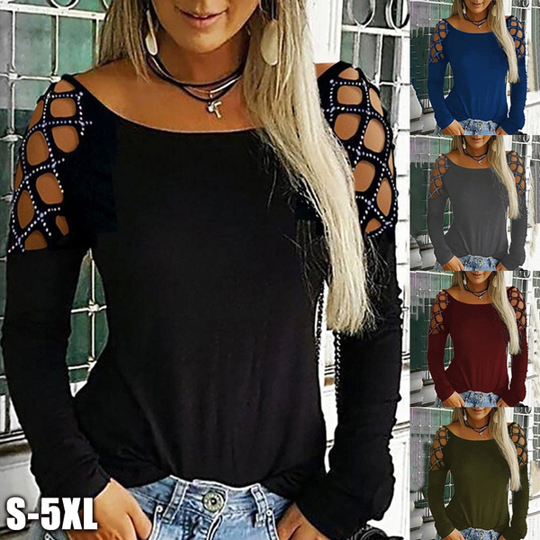 2019 New Women’s Fashion Autumn Tops Hollow Out Long Sleeve Solid Color ...