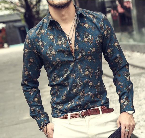 New Men Floral Shirts Fashion Casual Slim Fit Camisas Business Dress