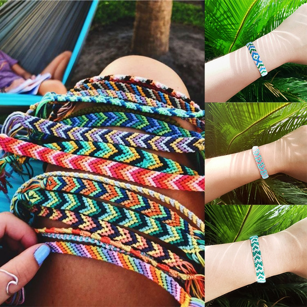 Bohemian Cotton Thread Woven Rope String Friendship Bracelet National Wind  Braided Handmade Mixed Colored Rope Anklet Women Foot Jewelry Summer Beach
