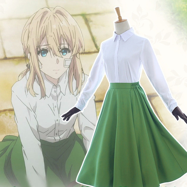 anime violet evergarden auto memory doll cosplay costume outfits white  blouse green dress gloves set new uniform casual shirt  wish