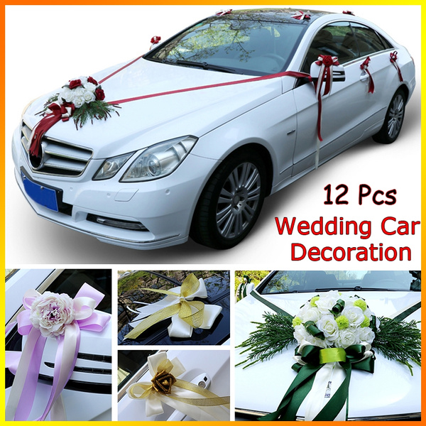12 Pcs Artificial Wedding Car Decoration Rose Ribbon Flowers Set  Valentine's Day Wreaths Bouquet Party Festival Decorative