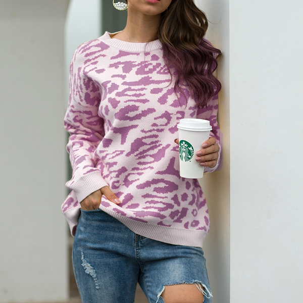 Women Fashion Leopard Print Knitted Sweater Autumn Winter Long Sleeve O