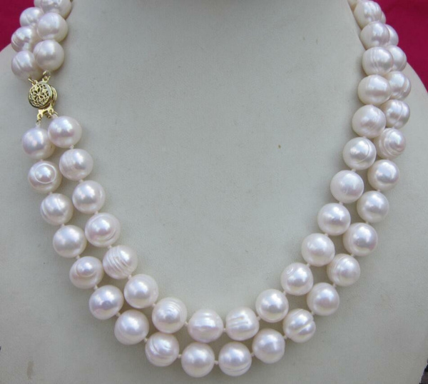 Double strands 11-12mm natural south sea white pearl necklace 19“ 14K ...