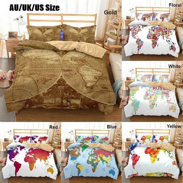 Queen King Size Bed Set For Room Decor, World Map Duvet Cover Twin