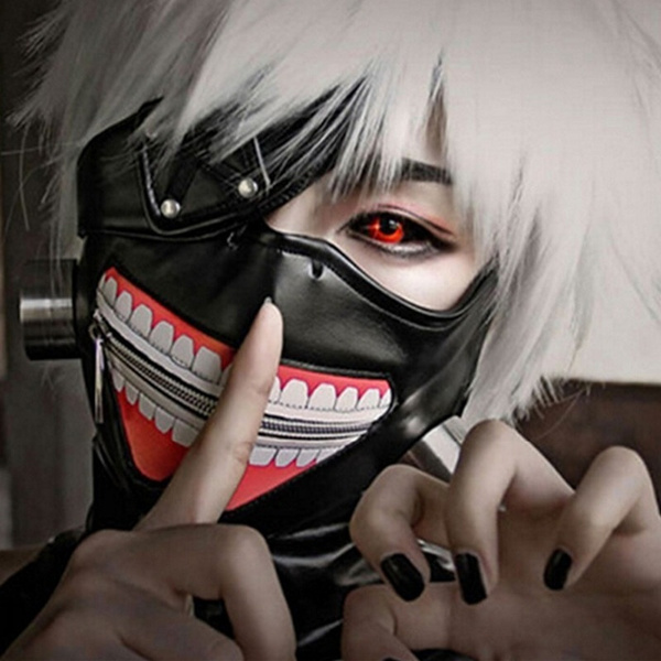 Halloween Anime Cosplay Tokyo Ghoul Kaneki Ken Mask Adjustable Zipper Masks PU Leather Mask and Wigs