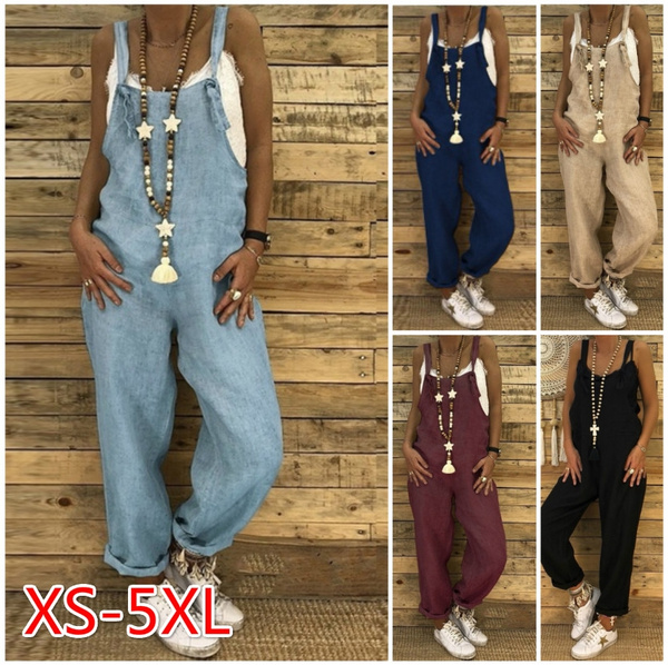 Women Casual Loose Solid Color Vintage Overalls Strap Long Pants ...