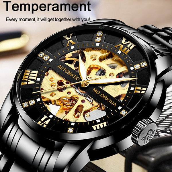 ORKINA Men Self Winding Automatic Mechanical Skeleton Stainless Steel Watch Montre Uhr Reloj with Gift Box Wish