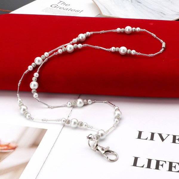 White Hidden Hollow Beads Pearls Beaded Lanyard ID Badge Holder Pendant Necklace 