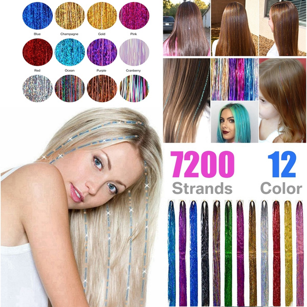48'' 12 Colors 2400 Strands Hair Tinsel Extensions Sparkling Shiny Colored Bling  String Hair Extensions Multi-Colored Party Highlights Glitter Hair pieces  Extensions | Wish