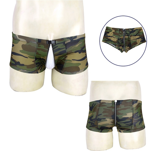 Men Camouflage Printed Zipper Crotch Boxer Briefs Shorts Bulge