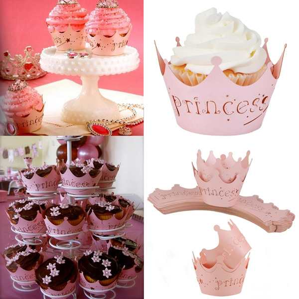 Pixnor 50pcs Pink Princess Cupcake Wrappers Wedding Birthday Party Cake Decoration 