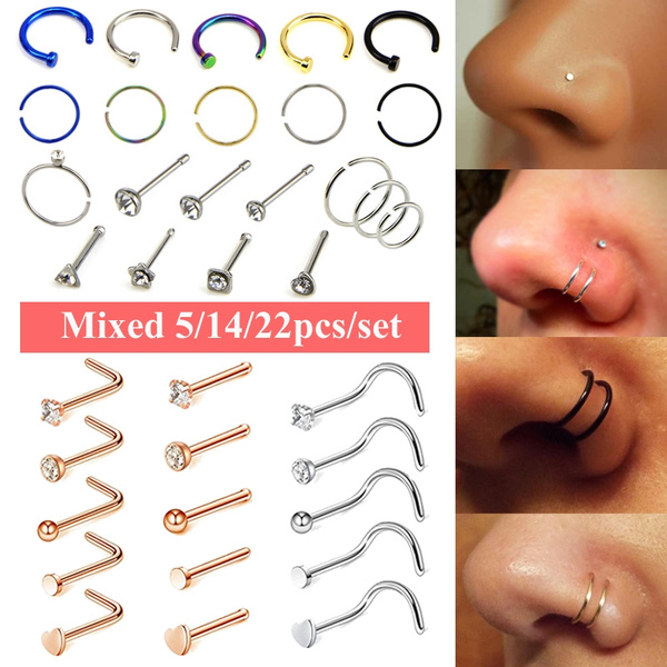 MODRSA 20G Nose Rings Studs Stainless Steel Nose Hoop Bone Star Heart L Shape Nose Screw Tragus Cartilage Helix Earrings Hoop Piercing Jewelry 