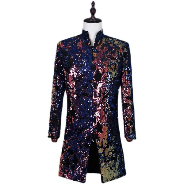 Mens Glitter Sequin Longline Suit Jacket Cabaret Carnival Blazer Fancy ...
