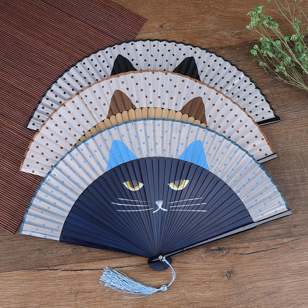 Summer Bamboo Folding Fan Hand Held Cartoon Cat Baking Varnish Fan Pocket GifES