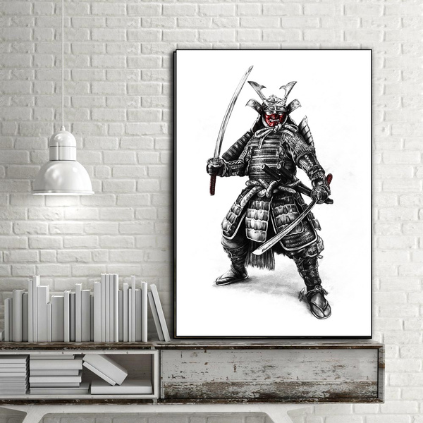 SCARY JAPANESE SAMURAI WARRIOR SKETCH STYLE CANVAS PRINT WALL ART PICTURE 