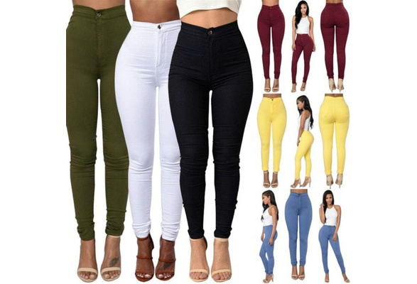 Women Stretch candy Pencil Pants High Waist Skinny Jeggings Jeans Slim Trousers 