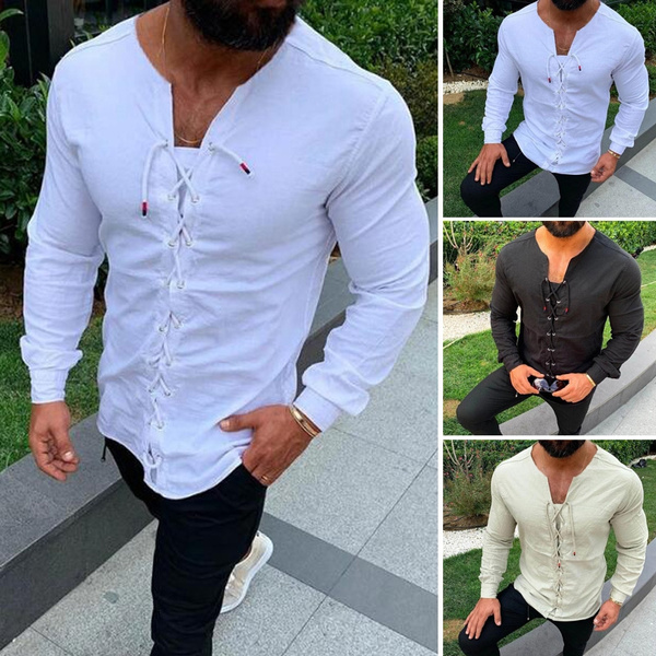 Men Vintage Lace Up Tunic Casual Pure 