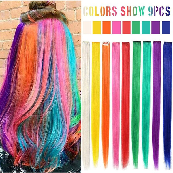 Mqy 9pcs Rainbow Hair Accessories Doll Clip In On Multi Color Party Highlights Straight Colored Extensions For American Girls And Dolls Wig Pieces Colorful Hairpieces Asl Wish