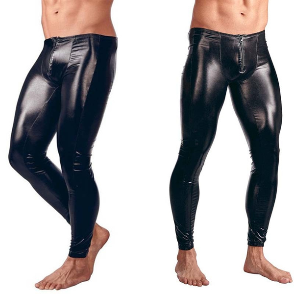 Men's Faux Leather Tight Pants Man Leggings PVC Long Trousers Black Plus  Size M-2XL