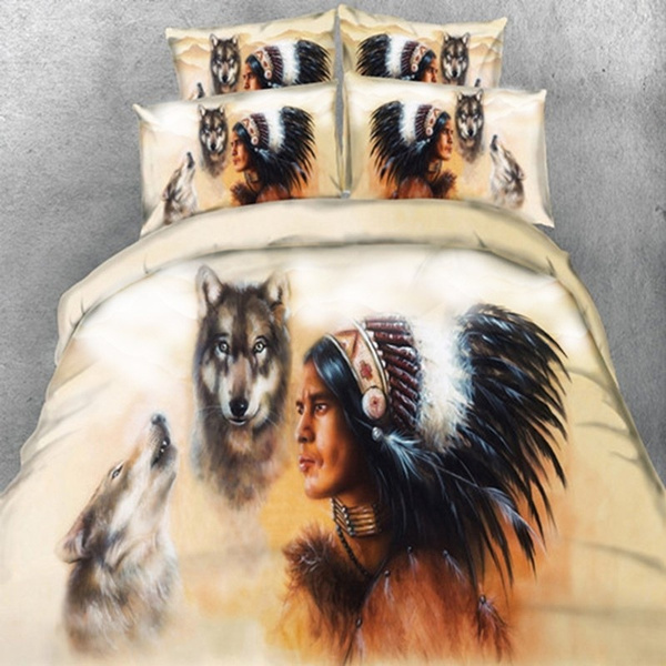 3d Feather Native American Indian Wolf, Native American Print Duvet Cover