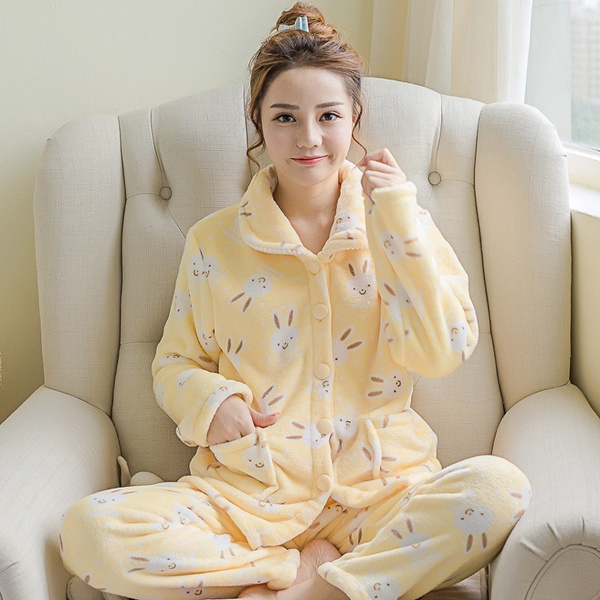 2 Pc Ladies Winter Pajamas Thick Coral Fleece Ladies Cute Home Service Warm  Suit