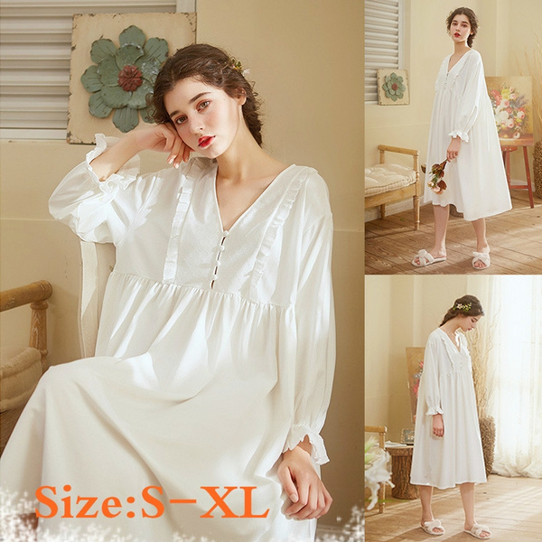 2019 Women Noble Sleepwear Cotton Dress Gown Elegant Nightgown Vintage Long  Dress Long Sleeve White Night Dress Home Clothes