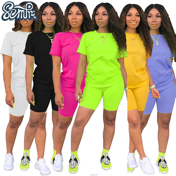 New Women Solid Sporting Casual Two Piece Set Short Sleeve Tee Top Biker  Shorts Above Knee Pants Suit Tracksuit Outfits