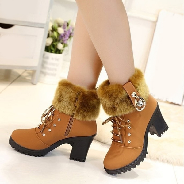 Ankle Boots Women Warm Plush Snow Booties Winter Boot Lace Up