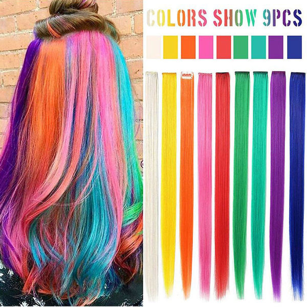 9PCS Rainbow Hair Accessories Multi Color Party Highlights Straight Colored Extensions Wig Pieces Colorful Hairpieces COY