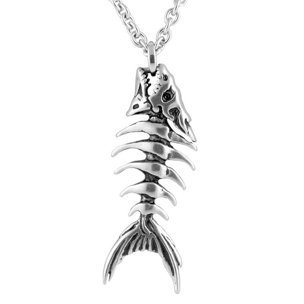 HAMANY Jewelry Vintage Mens Stainless Steel Fish Bone Pendant Necklace