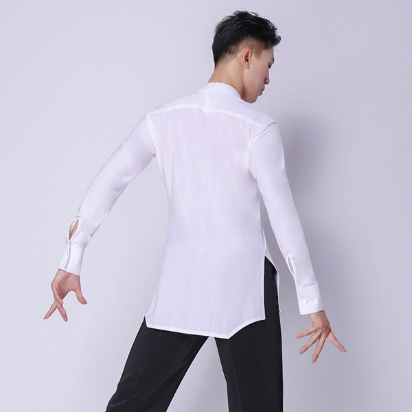 Hommes Danse Shirt Ballroom moderne SALSA SAMBA LATIN à manches longues Dancewear Blanc