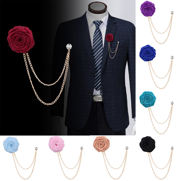 Fashion Bridegroom Wedding Brooches Cloth Art Hand-Made Rose Flower Brooch Lapel Pin Badge Tassel Chain Men's Suit Accessories 