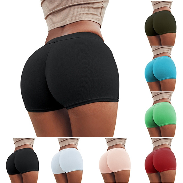Women Yoga Shorts Solid Color Elastic High Waist Sports Gym Shorts