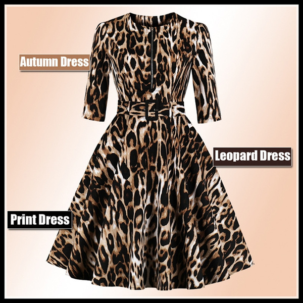 50s' 70s' Slimming Vintage Leopard Print Neck Half Sleeve High Waist Dress with Belt | Wish