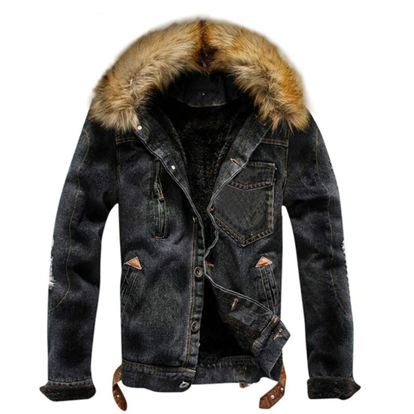 New Fashion Men’s Denim Jacket Plus Velvet Thick Fur Collar Denim