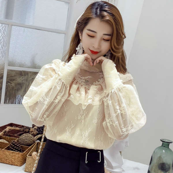 Women Floral Lace Shirt Blouse Ruffle Puff Sleeve Stand Collar Tops Gothic  Victorian Elegant