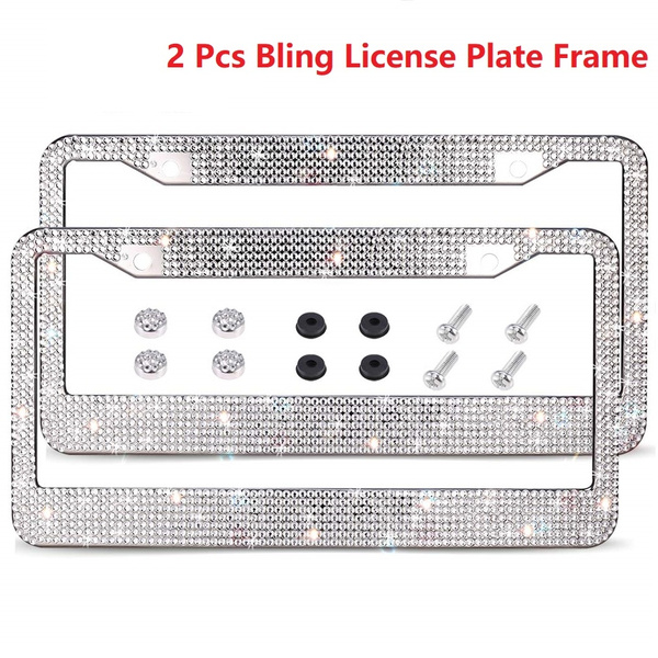 2 Pack Bling License Plate Frame Premium Stainless Steel Metal Frame Pure Handmade Glitter Rhinestones with 2 Holes Bonus Matching Screws Caps Set 