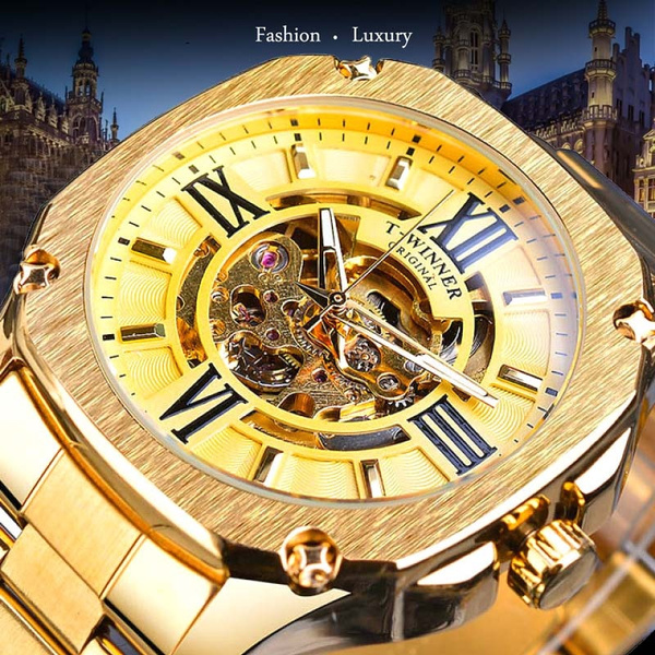 T Winner Men Gold Square Mechanical Watch Royal Skeleton Watch