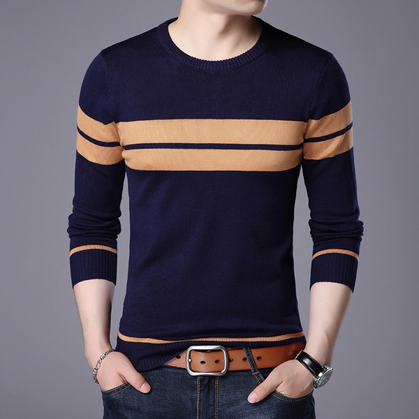 Striped Men Knitted Pullover Sweater Mens Long Sleeve Pullover England ...