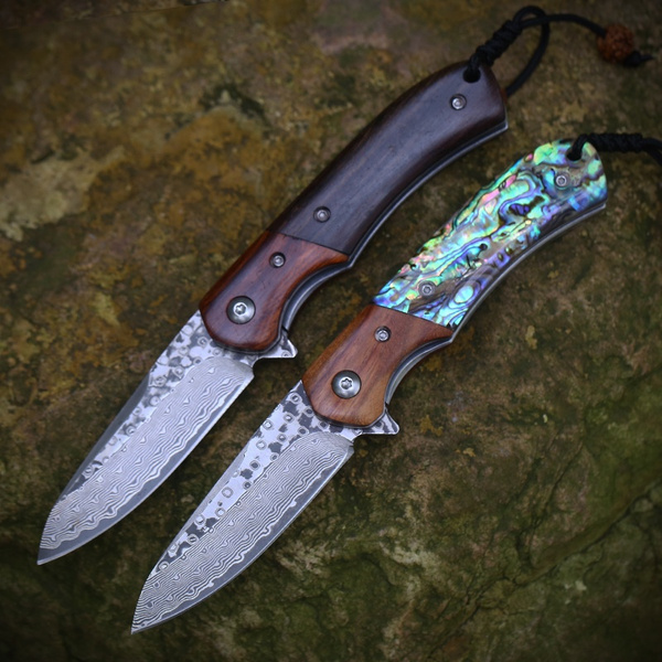 Damascus Steel and Abalone Folding Knife