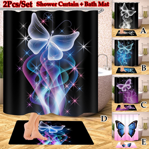 2pcs Bathroom Set Butterfly Pattern Bathroom Decor Waterproof Shower Curtain And Non Slip Floor Mat Bathroom Rug Wish