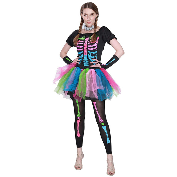 Halloween Women Funky Punk Bones Costumes Skeleton Colorful Tutu Dress Wish