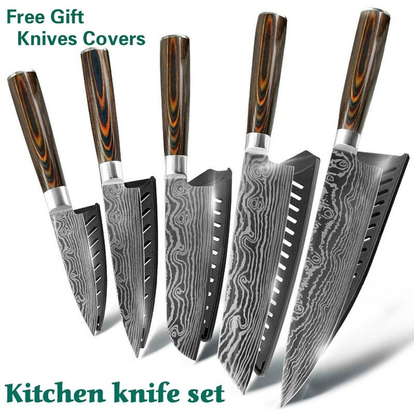 Kitchen Knife Set Damascus Kitchen Knife 7CR17 440C High Carbon Stainless  Steel Sanding Laser Pattern Stainless Steel Knife Kitchen Knife Chef Knives  Japanese Wood Handle with Knife Cover