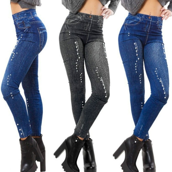 Womens Stretchy High Waist Denim Print Denim Look Jeans Skinny Pearls  Jegging Leggings