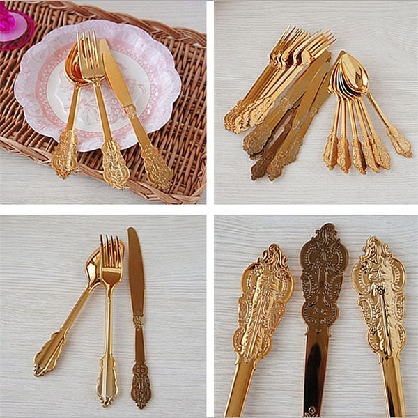 12PCS/18PCS Disposable Imitation Metal Plastic Gold Silver Carved