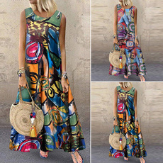 ZANZEA Women Sleeveless Printed Dresses Summer Loose Tank Dress Long Maxi Dress Plus